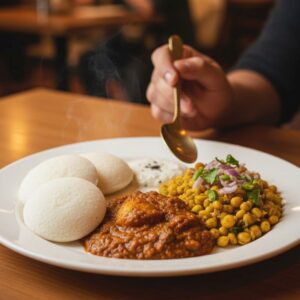 Idli with Aludum, Ghughuni and Coconut Chutney
